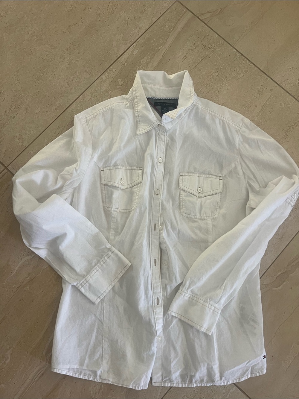 Tommy Hilfiger White Cotton Utility Button Down Shirt Roll Tab Sleeve large
